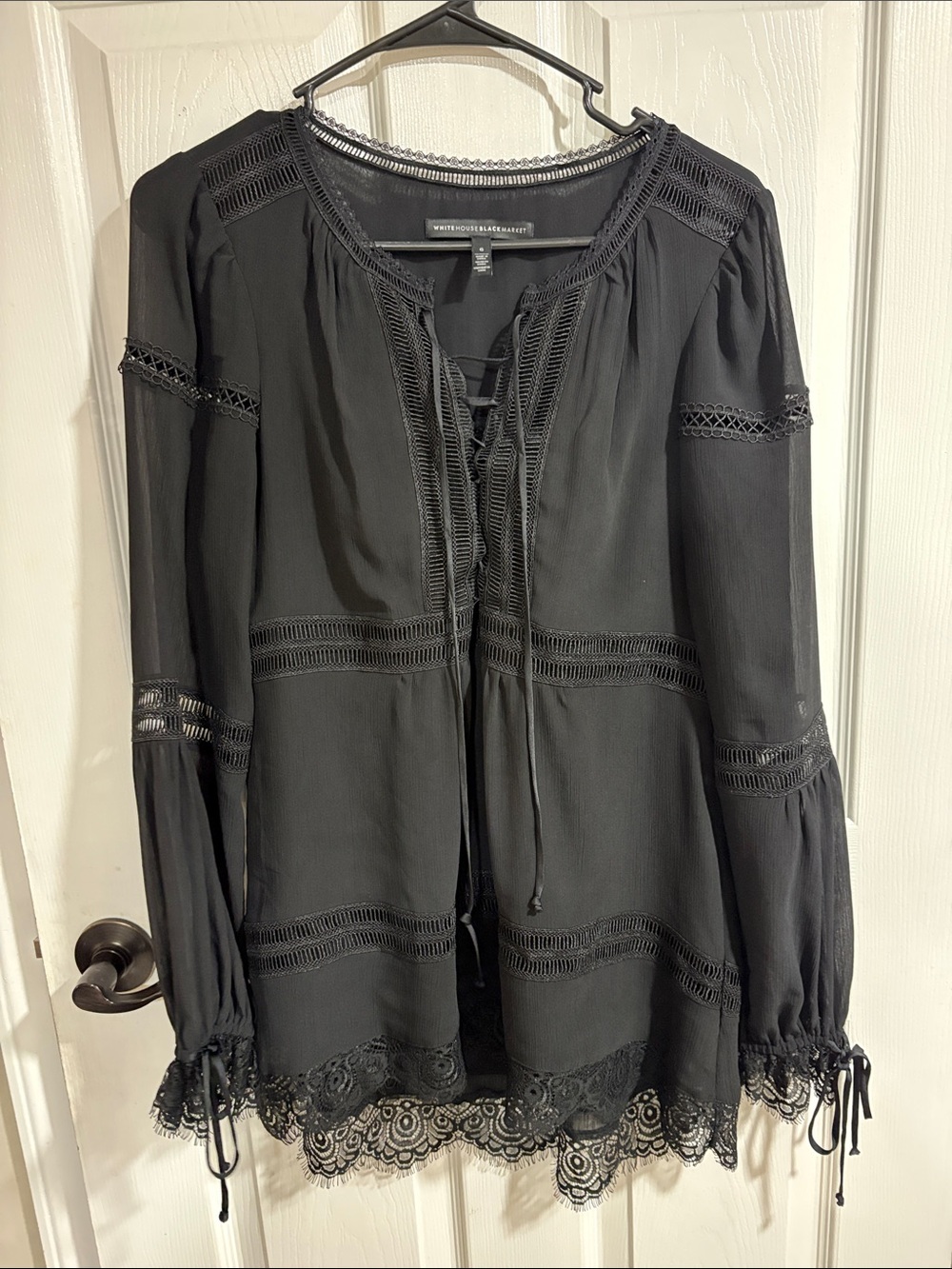 White House Black Market Black Lace-Trim Peasant Top - Picture 1 of 4